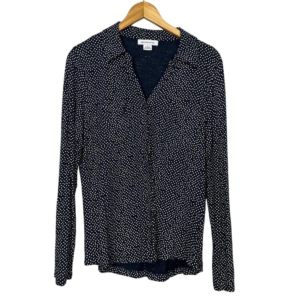 Liz Claiborne Navy Blue & White Polka Dot Button Down Blouse